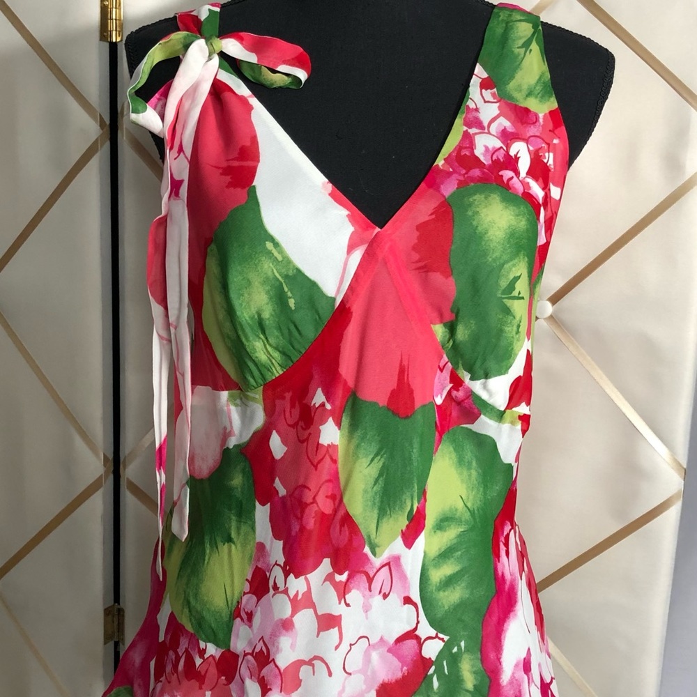 Floral 100% Rayon V Neck Slipover Top/Attached Tie SZ Large
